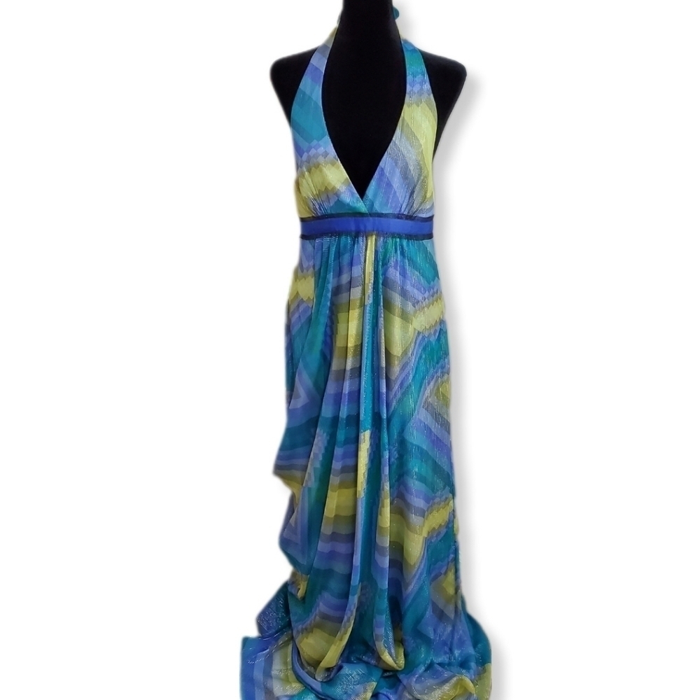Sleeveless Halter Chevron Maxi Dress in Teal & Yellow